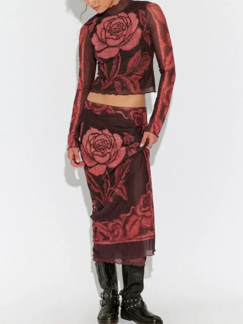 FREE PEOPLE NWT The Shadow Printed Midi Skirt Set / Red Combo - S